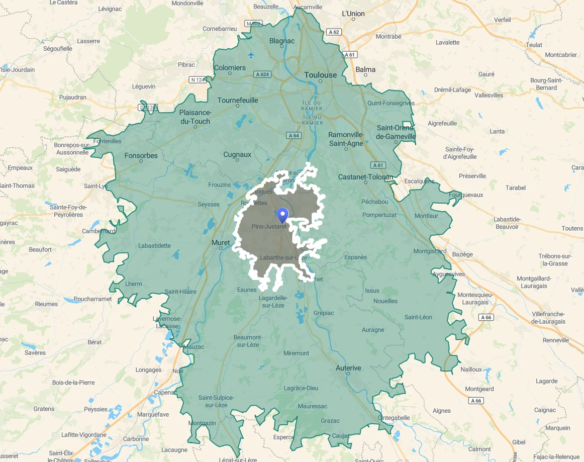 Carte de la zone d'intervention autour de Pins-Justaret : en vert, la zone du comportement, de Toulouse à Auterive ; en gris, la zone du petsitting, autour de Pins-Justaret et Labarthe-sur-Lèze.